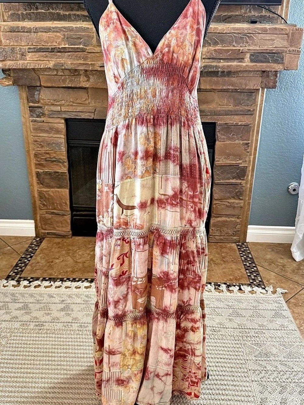 Jayli boho Abstract Print Maxi Dress Pink Large Like New
